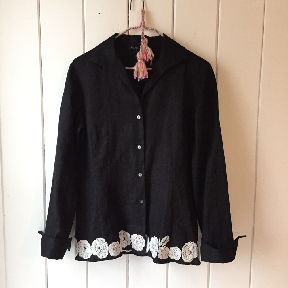 Lafayette 148 Black Linen Embroidered Blouse 4